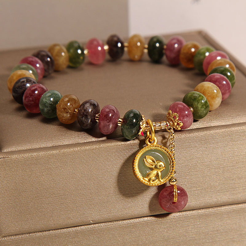 Bracelet à breloques en forme de lapin mignon avec tourmaline colorée naturelle et Buddha Stones