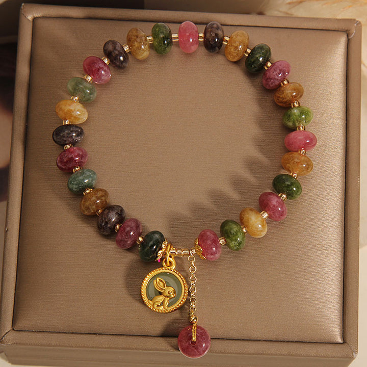 Bracelet à breloques en forme de lapin mignon avec tourmaline colorée naturelle et Buddha Stones
