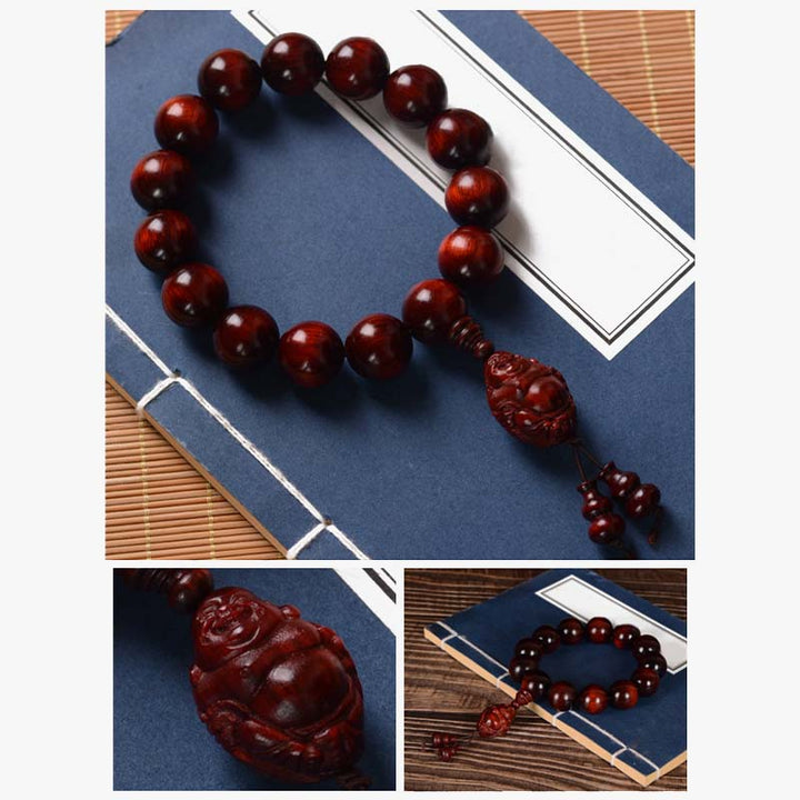Bracelet Buddha Stones rieur Dieu de la richesse et de la protection en petites feuilles de santal rouge