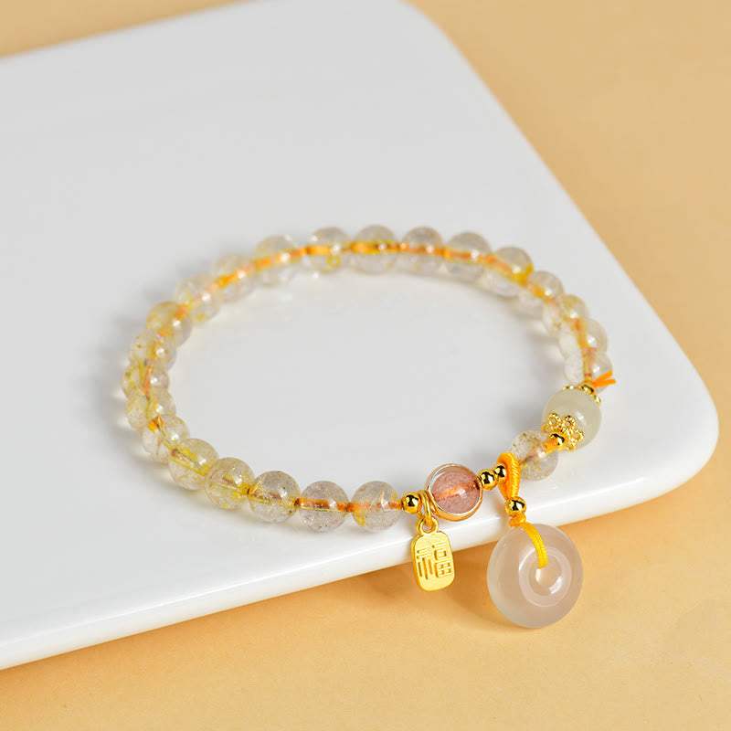 Bracelet de richesse avec boucle de paix et breloque en quartz rutile doré naturel et Buddha Stones