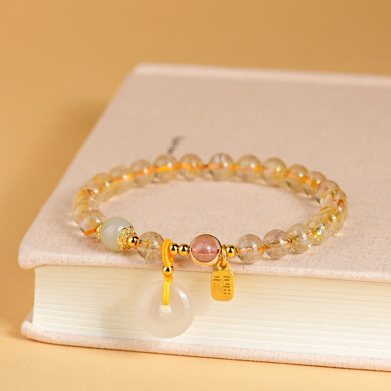 Bracelet de richesse avec boucle de paix et breloque en quartz rutile doré naturel et Buddha Stones
