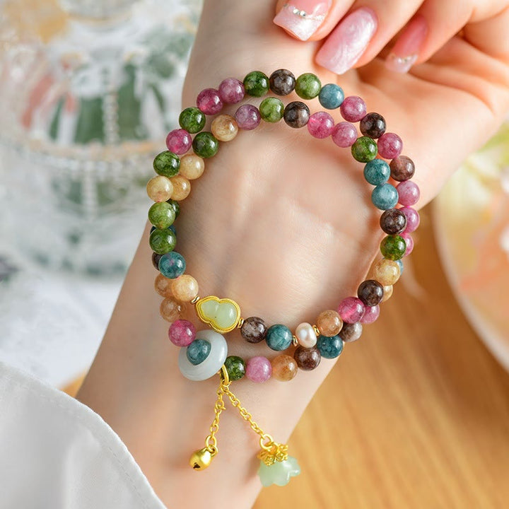 Bracelet à breloques double tour en tourmaline multicolore Buddha Stones et gourde de sagesse