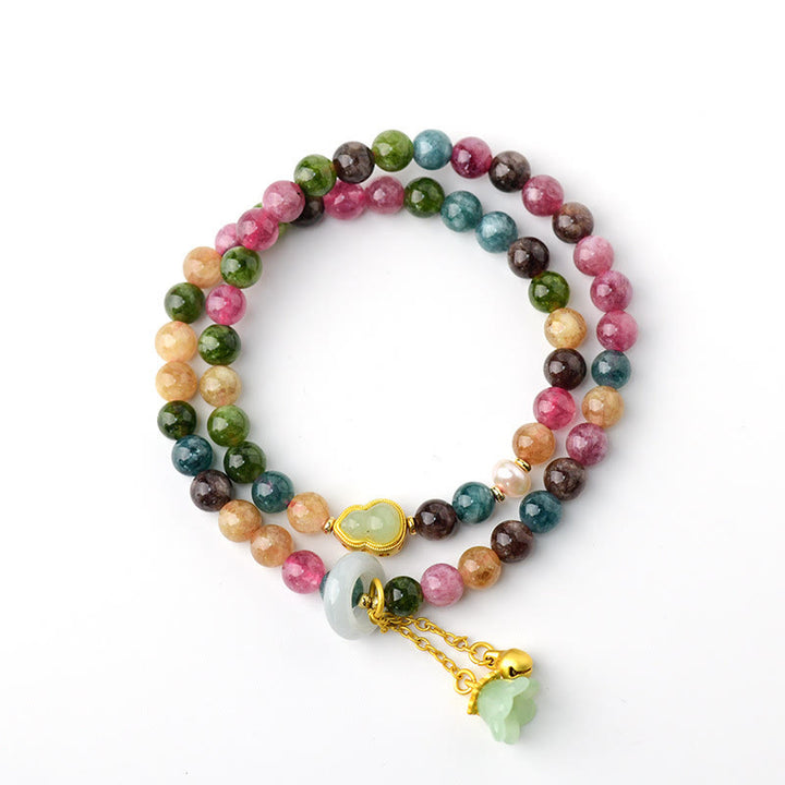 Bracelet à breloques double tour en tourmaline multicolore Buddha Stones et gourde de sagesse
