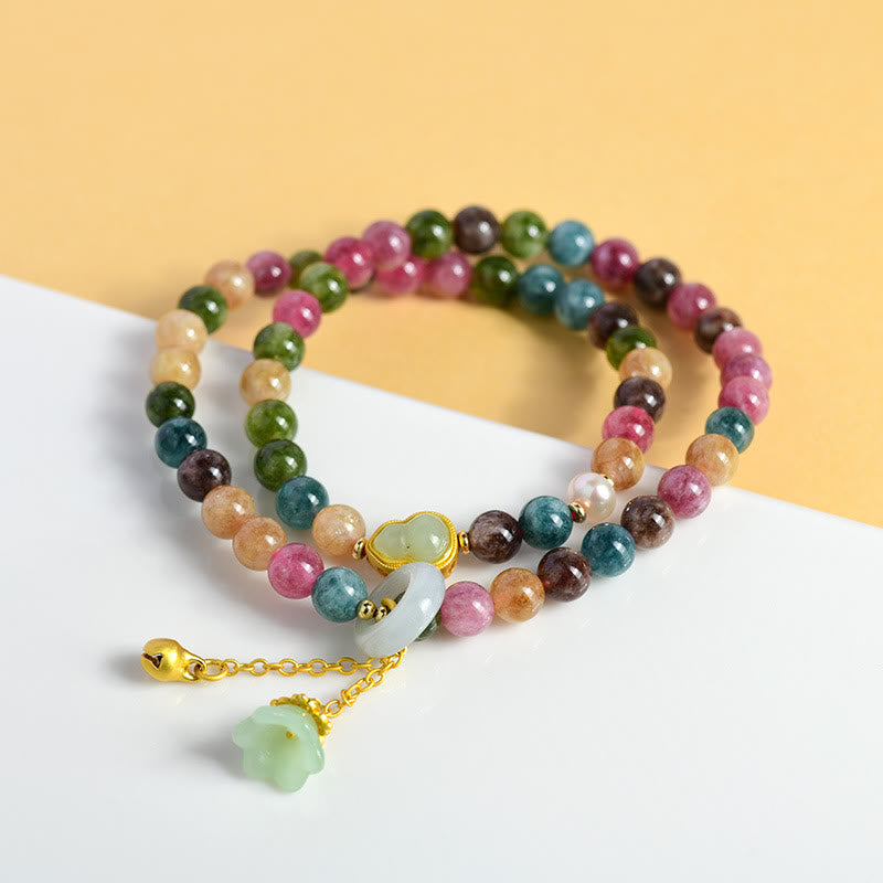 Bracelet à breloques double tour en tourmaline multicolore Buddha Stones et gourde de sagesse