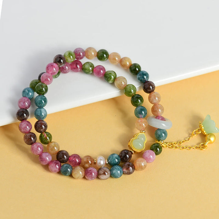 Bracelet à breloques double tour en tourmaline multicolore Buddha Stones et gourde de sagesse