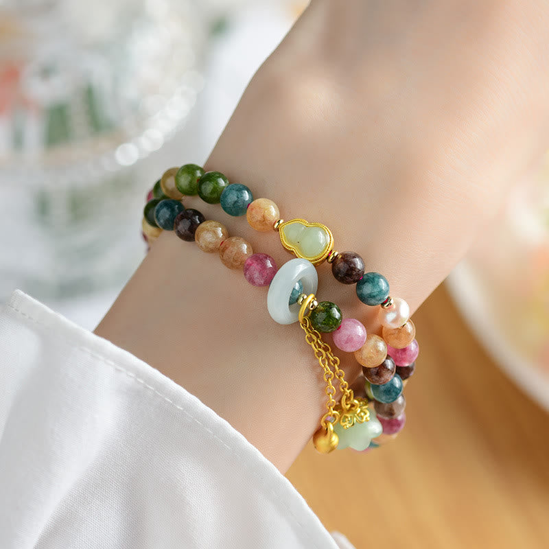 Bracelet à breloques double tour en tourmaline multicolore Buddha Stones et gourde de sagesse