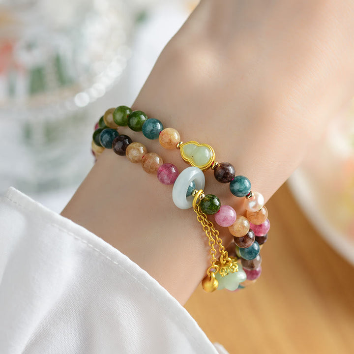 Bracelet à breloques double tour en tourmaline multicolore Buddha Stones et gourde de sagesse