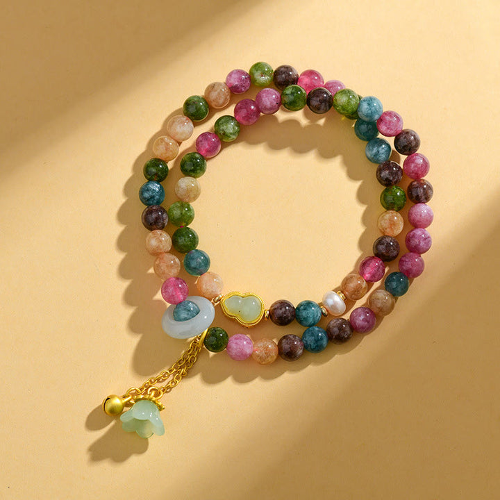 Bracelet à breloques double tour en tourmaline multicolore Buddha Stones et gourde de sagesse