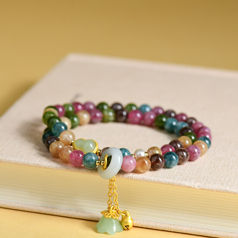Bracelet à breloques double tour en tourmaline multicolore Buddha Stones et gourde de sagesse