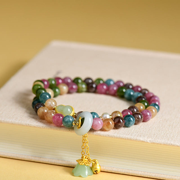 Bracelet à breloques double tour en tourmaline multicolore Buddha Stones et gourde de sagesse