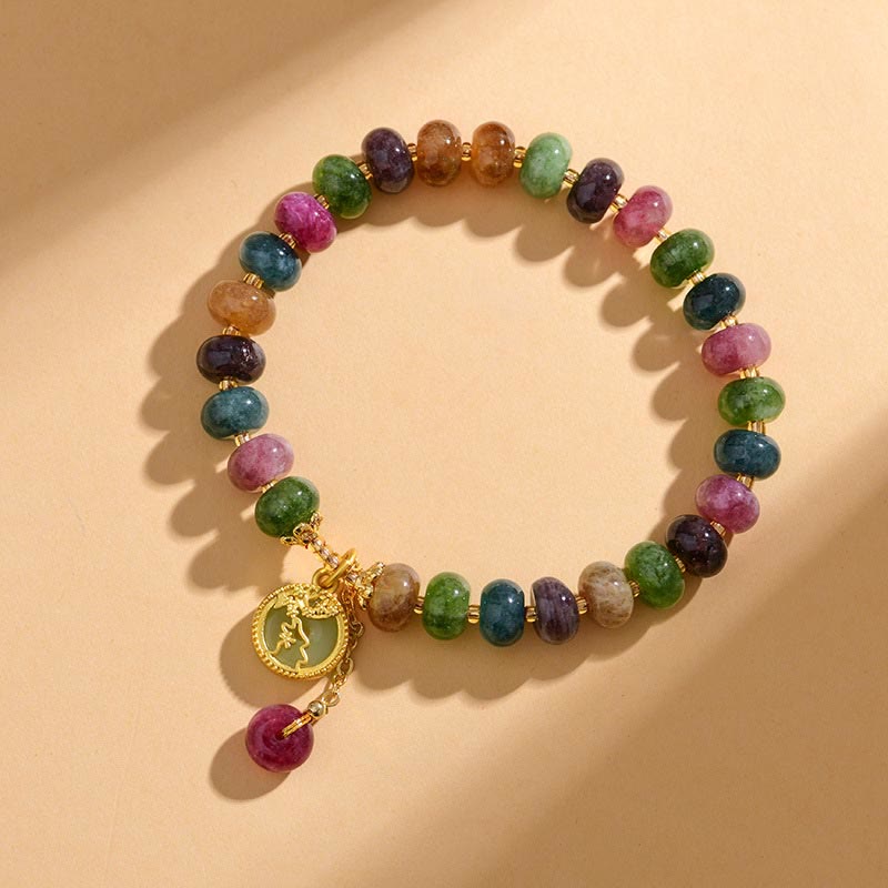 Bracelet d'amour avec breloque en forme de lapin et de fleur en tourmaline colorée et Buddha Stones