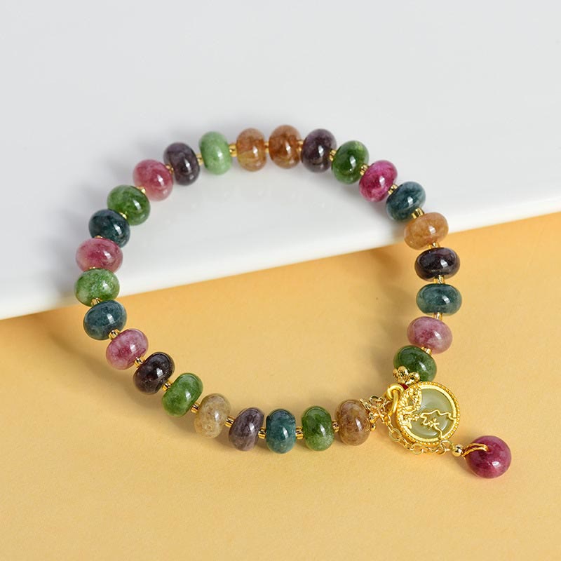 Bracelet d'amour avec breloque en forme de lapin et de fleur en tourmaline colorée et Buddha Stones