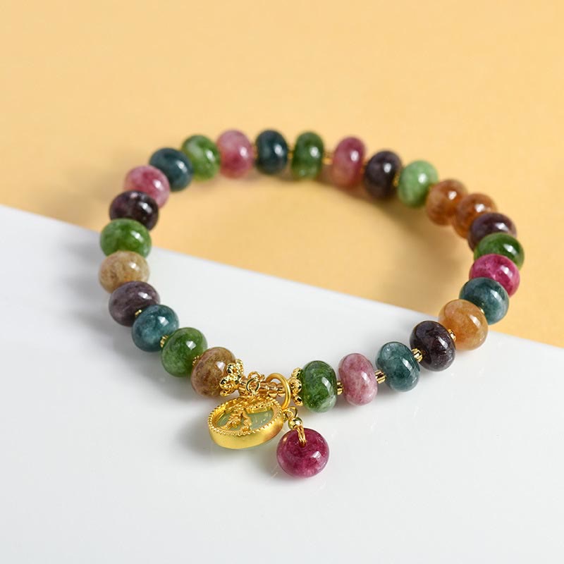 Bracelet d'amour avec breloque en forme de lapin et de fleur en tourmaline colorée et Buddha Stones