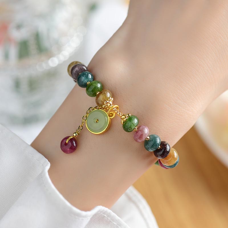 Bracelet d'amour avec breloque en forme de lapin et de fleur en tourmaline colorée et Buddha Stones