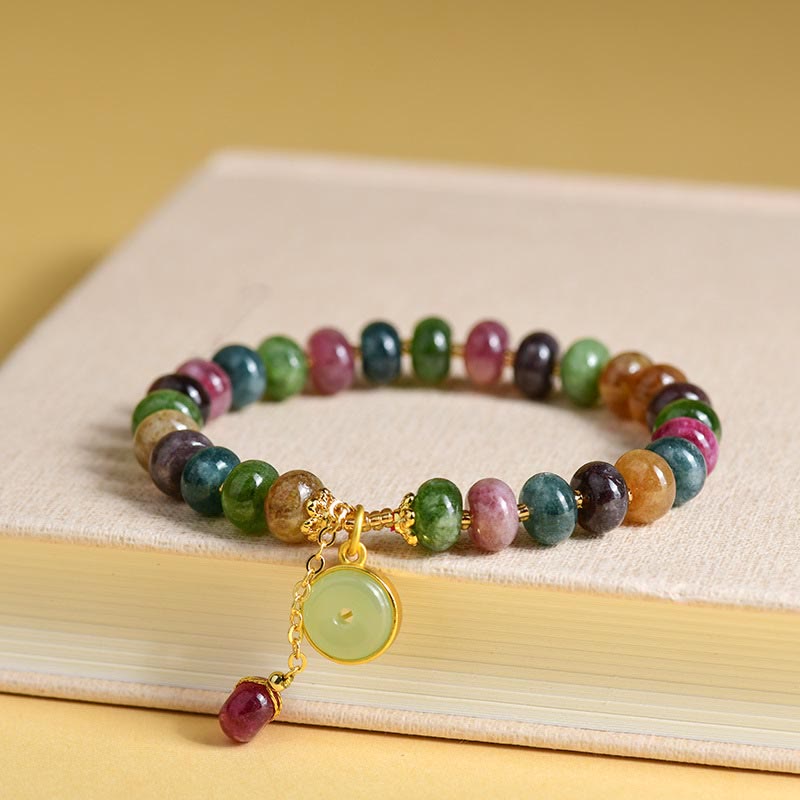 Bracelet d'amour avec breloque en forme de lapin et de fleur en tourmaline colorée et Buddha Stones