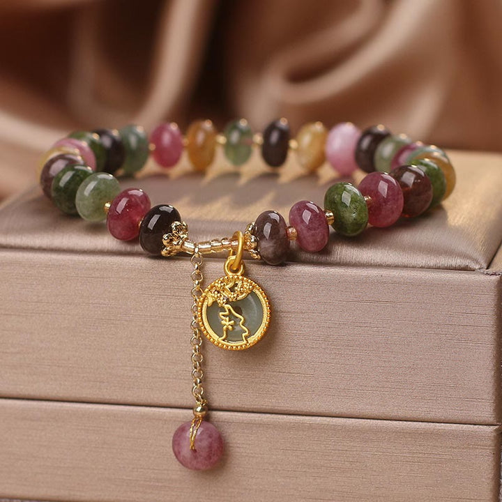 Bracelet d'amour avec breloque en forme de lapin et de fleur en tourmaline colorée et Buddha Stones