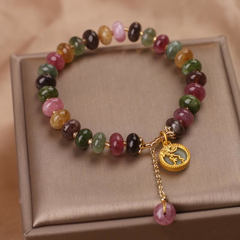 Bracelet d'amour avec breloque en forme de lapin et de fleur en tourmaline colorée et Buddha Stones
