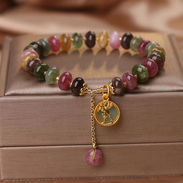 Bracelet d'amour avec breloque en forme de lapin et de fleur en tourmaline colorée et Buddha Stones