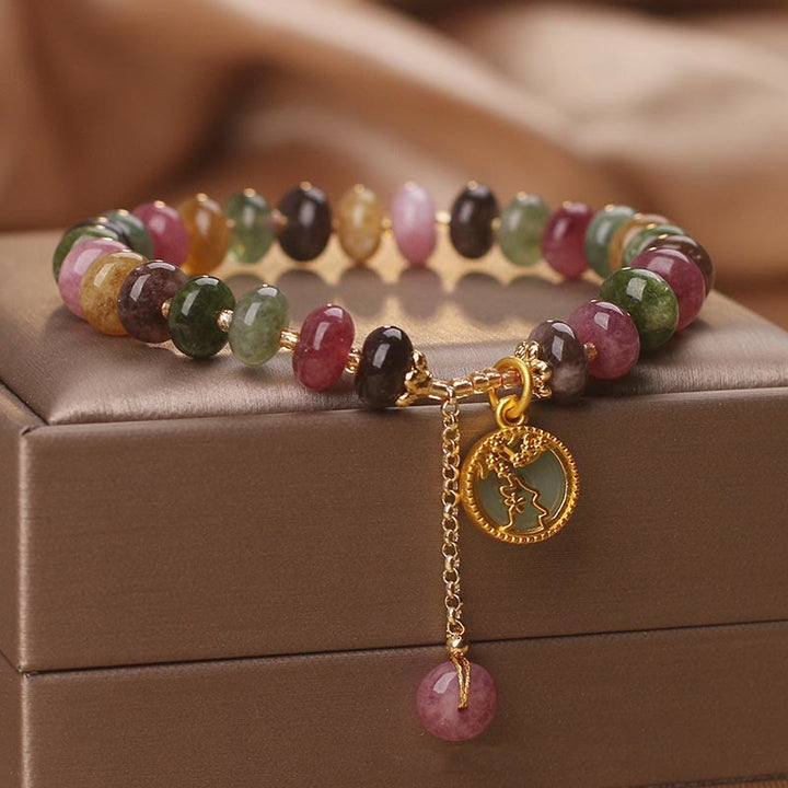 Bracelet d'amour avec breloque en forme de lapin et de fleur en tourmaline colorée et Buddha Stones