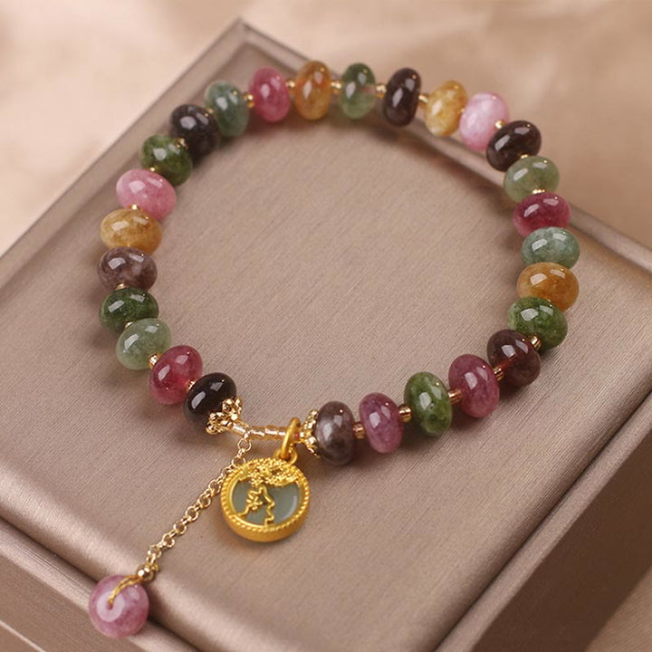 Bracelet d'amour avec breloque en forme de lapin et de fleur en tourmaline colorée et Buddha Stones