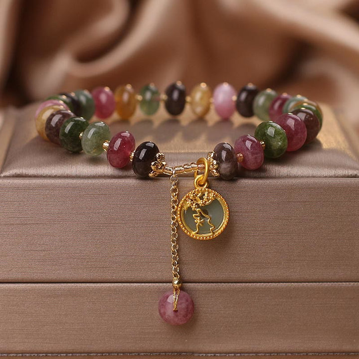 Bracelet d'amour avec breloque en forme de lapin et de fleur en tourmaline colorée et Buddha Stones