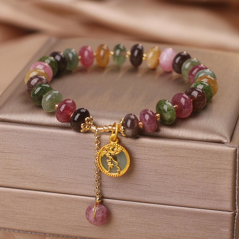 Bracelet d'amour avec breloque en forme de lapin et de fleur en tourmaline colorée et Buddha Stones