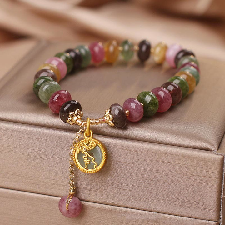 Bracelet d'amour avec breloque en forme de lapin et de fleur en tourmaline colorée et Buddha Stones