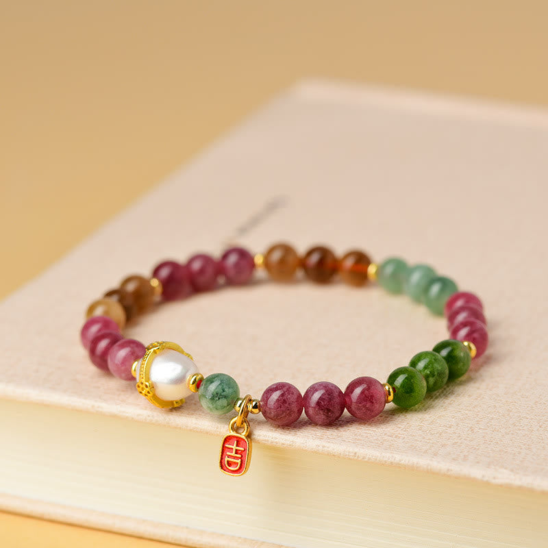 Bracelet de sagesse avec breloque de caractère propice en perles de tourmaline multicolores naturelles de Buddha Stones