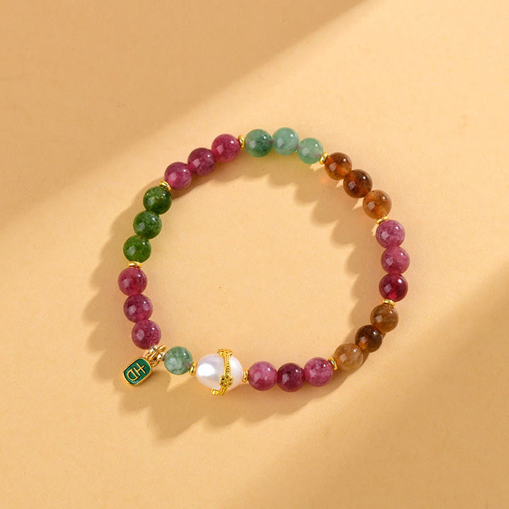 Bracelet de sagesse avec breloque de caractère propice en perles de tourmaline multicolores naturelles de Buddha Stones