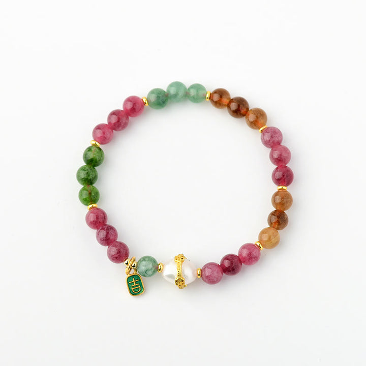 Bracelet de sagesse avec breloque de caractère propice en perles de tourmaline multicolores naturelles de Buddha Stones