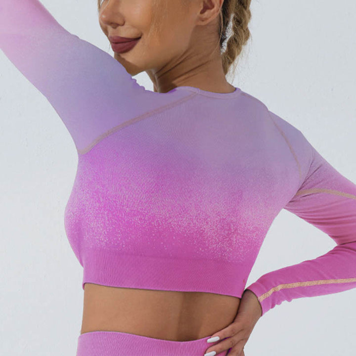 Haut court à manches longues avec dégradé de Buddha Stones -shirt, soutien-gorge, leggings, pantalon, tenue de fitness et de yoga - Haut - Violet Rose - US4，UK/AU8，EU36 (L) - image 10