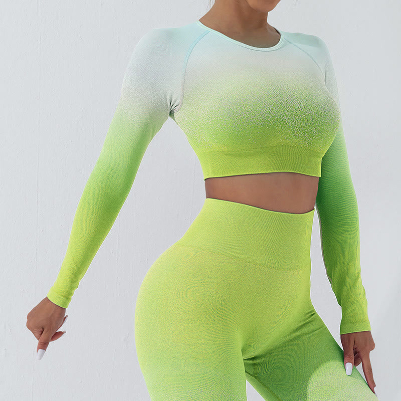 Haut court à manches longues avec dégradé de Buddha Stones -shirt, soutien-gorge, leggings, pantalon, tenue de fitness et de yoga - Haut - Vert - US4，UK/AU8，EU36 (L) - image 11