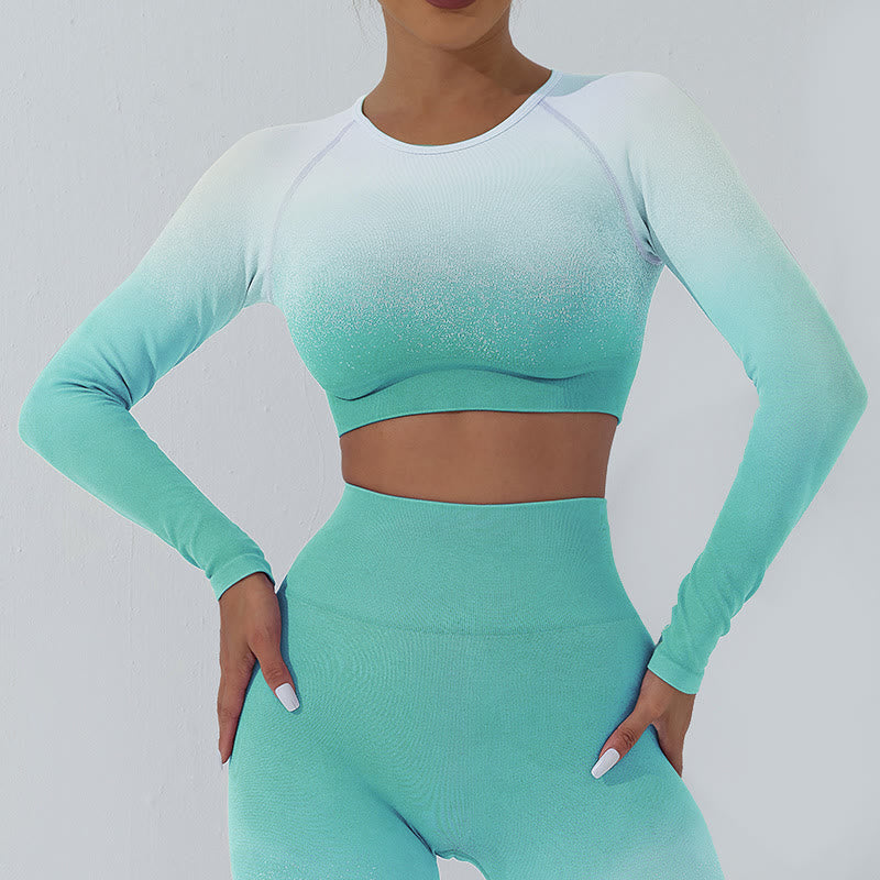 Haut court à manches longues avec dégradé de Buddha Stones -shirt, soutien-gorge, leggings, pantalon, tenue de fitness et de yoga - Haut - Cyan Blanc - US4，UK/AU8，EU36 (L) - image 1