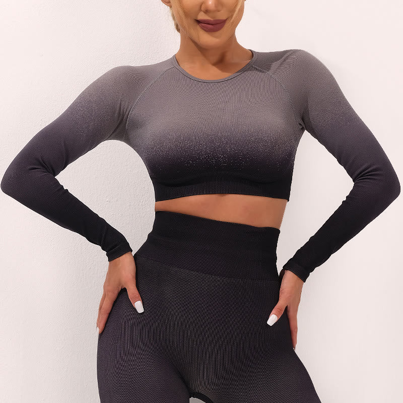 Haut court à manches longues avec dégradé de Buddha Stones -shirt, soutien-gorge, leggings, pantalon, tenue de fitness et de yoga - Haut - Noir Gris - US4，UK/AU8，EU36 (L) - image 3