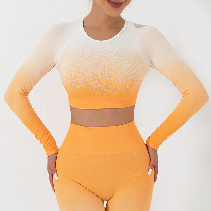 Haut court à manches longues avec dégradé de Buddha Stones -shirt, soutien-gorge, leggings, pantalon, tenue de fitness et de yoga - Haut - Orange Blanc - US4，UK/AU8，EU36 (L) - image 4