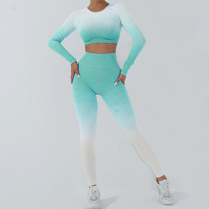 Haut court à manches longues avec dégradé de Buddha Stones -shirt, soutien-gorge, leggings, pantalon, tenue de fitness et de yoga - image 0