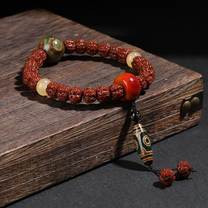 Buddha Stones Tibet Rudraksha Bodhi Graine Dzi Perle Chat Porte-Bonheur Lion Dansant Bracelet de Richesse Poignet Mala
