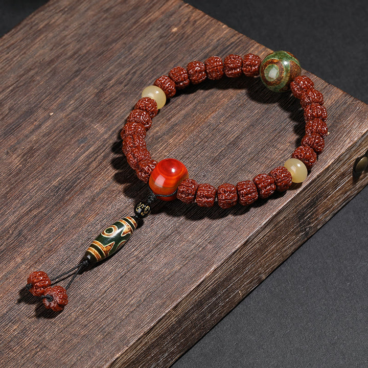 Buddha Stones Tibet Rudraksha Bodhi Graine Dzi Perle Chat Porte-Bonheur Lion Dansant Bracelet de Richesse Poignet Mala