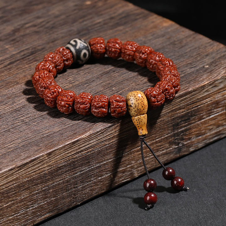 Buddha Stones Tibet Rudraksha Bodhi Graine Dzi Perle Chat Porte-Bonheur Lion Dansant Bracelet de Richesse Poignet Mala