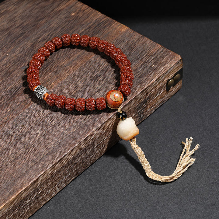 Buddha Stones Tibet Rudraksha Bodhi Graine Dzi Perle Chat Porte-Bonheur Lion Dansant Bracelet de Richesse Poignet Mala