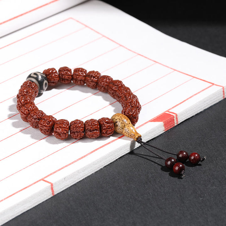 Buddha Stones Tibet Rudraksha Bodhi Graine Dzi Perle Chat Porte-Bonheur Lion Dansant Bracelet de Richesse Poignet Mala