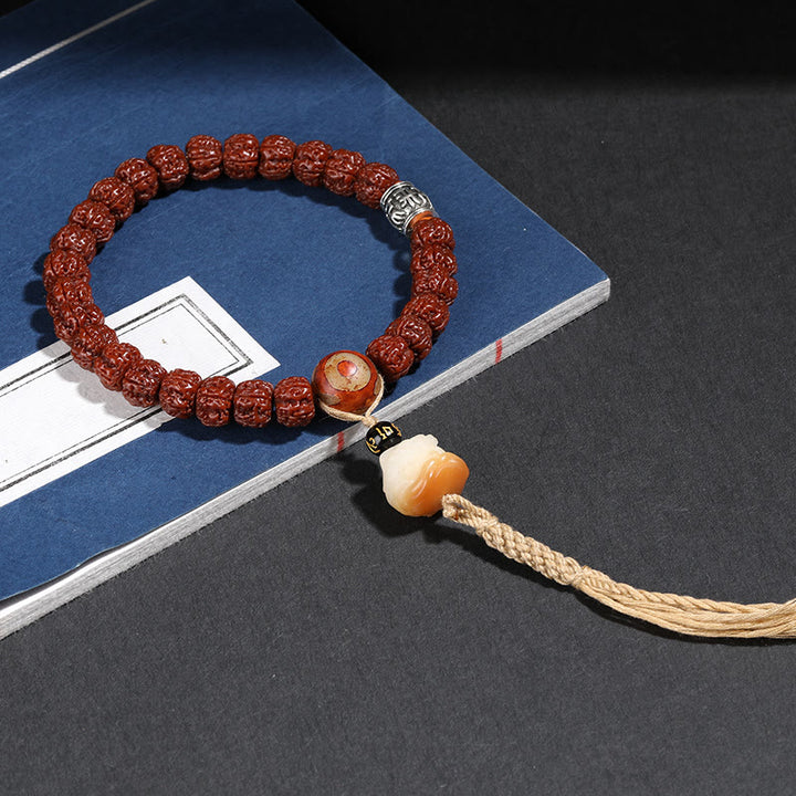 Buddha Stones Tibet Rudraksha Bodhi Graine Dzi Perle Chat Porte-Bonheur Lion Dansant Bracelet de Richesse Poignet Mala