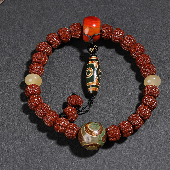 Buddha Stones Tibet Rudraksha Bodhi Graine Dzi Perle Chat Porte-Bonheur Lion Dansant Bracelet de Richesse Poignet Mala