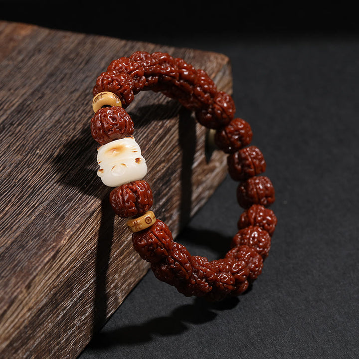 Buddha Stones Tibet Rudraksha Bodhi Graine Dzi Perle Chat Porte-Bonheur Lion Dansant Bracelet de Richesse Poignet Mala