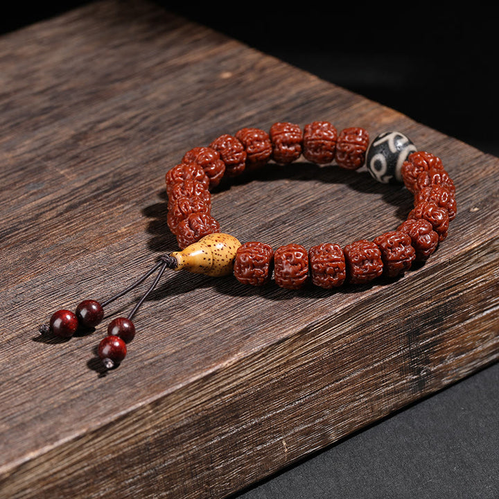 Buddha Stones Tibet Rudraksha Bodhi Graine Dzi Perle Chat Porte-Bonheur Lion Dansant Bracelet de Richesse Poignet Mala
