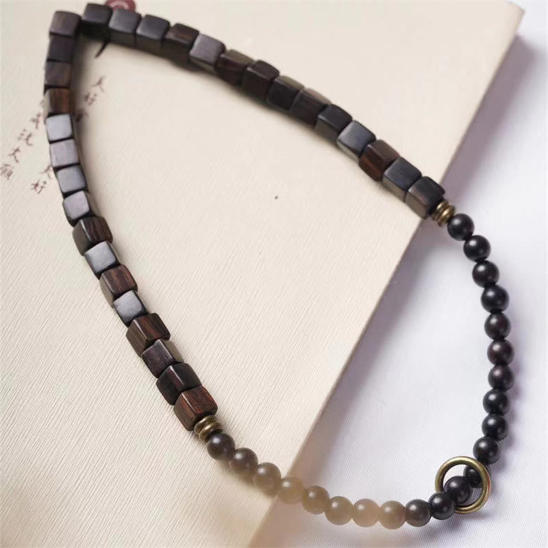 Bracelet double tour en perles carrées en bois d'ébène du Tibet et Buddha Stones