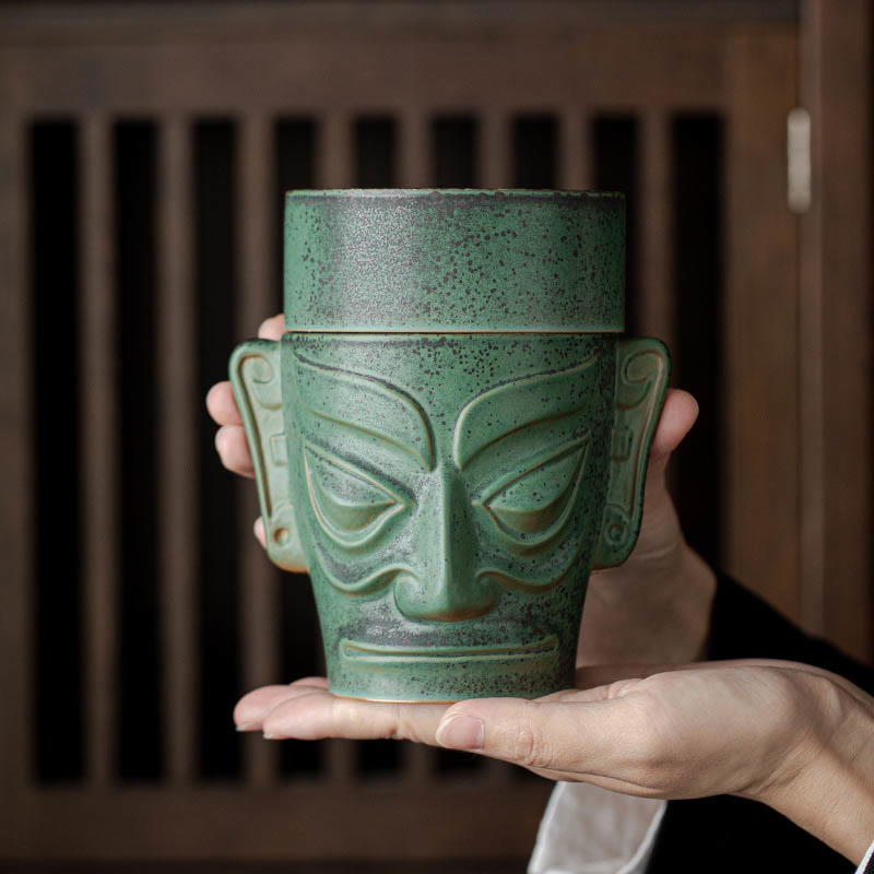 Buddha Stones Reliques de l'âge du bronze Masque de Sanxingdui Brûleur d'encens de guérison en céramique à trois étoiles