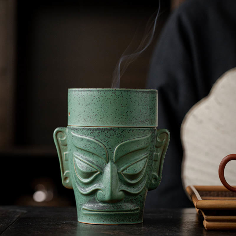 Buddha Stones Reliques de l'âge du bronze Masque de Sanxingdui Brûleur d'encens de guérison en céramique à trois étoiles