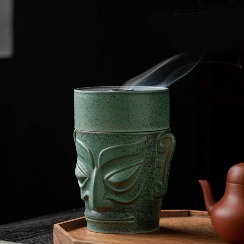 Buddha Stones Reliques de l'âge du bronze Masque de Sanxingdui Brûleur d'encens de guérison en céramique à trois étoiles