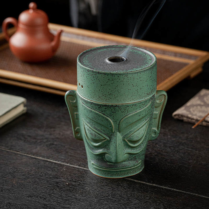 Buddha Stones Reliques de l'âge du bronze Masque de Sanxingdui Brûleur d'encens de guérison en céramique à trois étoiles